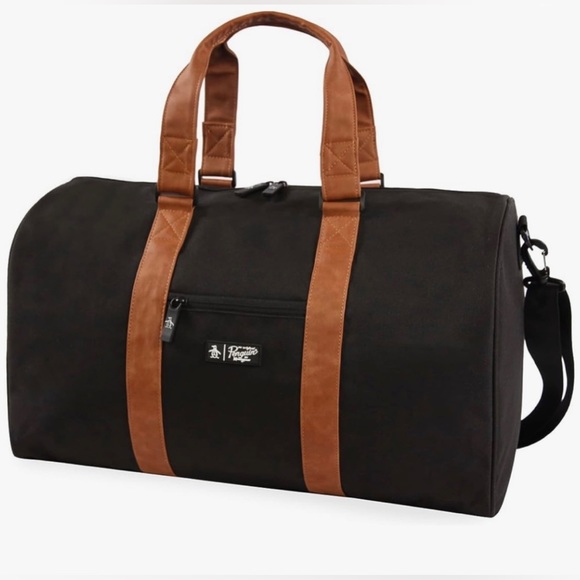 NWT Penguin original Pete Collection sport duffle. Black with tan straps.